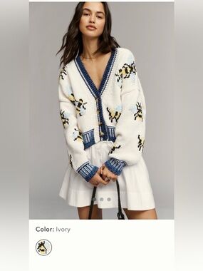 NWT $228 Maeve Anthropologie Icon Chunky knit cardigan sweater with bees Medium